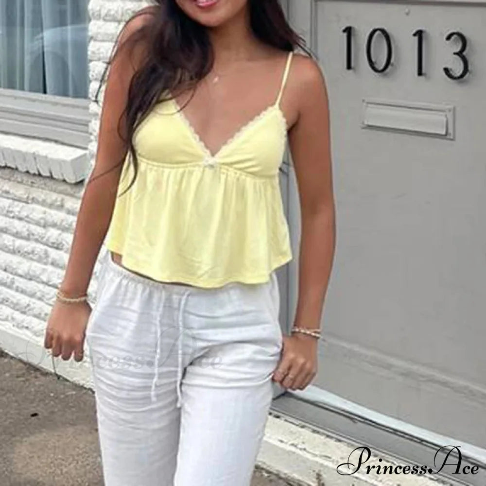 Sleeveless Deep Neck Cami Babydoll Crop Top Lace Trim Shorts Two Pieces Set twopiecesset-250126