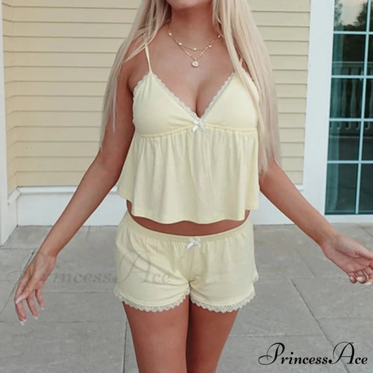 Sleeveless Deep Neck Cami Babydoll Crop Top Lace Trim Shorts Two Pieces Set twopiecesset-250126