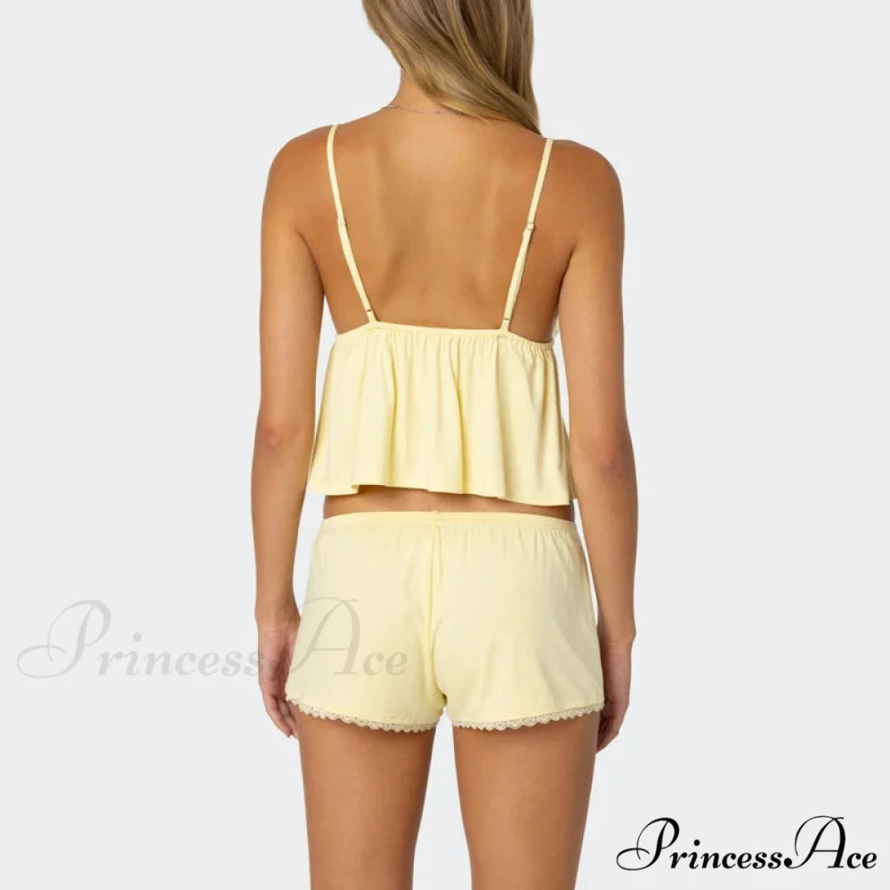Sleeveless Deep Neck Cami Babydoll Crop Top Lace Trim Shorts Two Pieces Set twopiecesset-250126