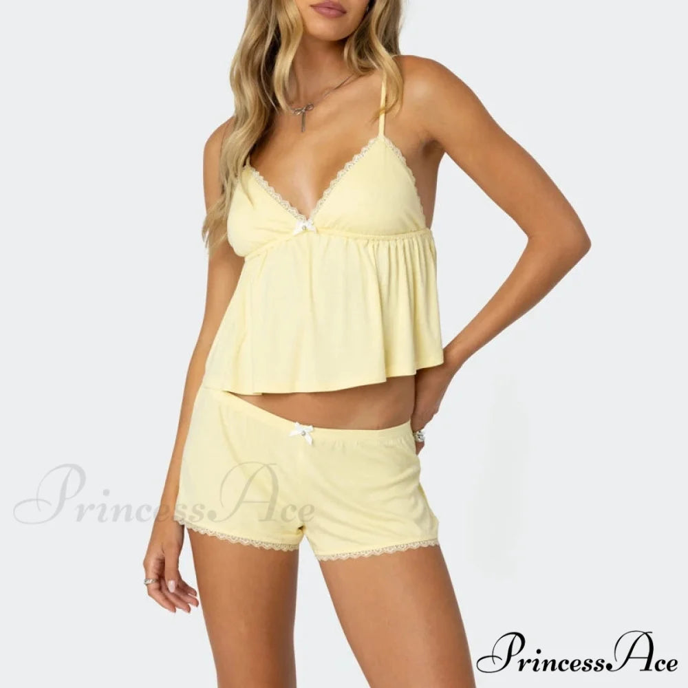 Sleeveless Deep Neck Cami Babydoll Crop Top Lace Trim Shorts Two Pieces Set Yellow / S twopiecesset-250126