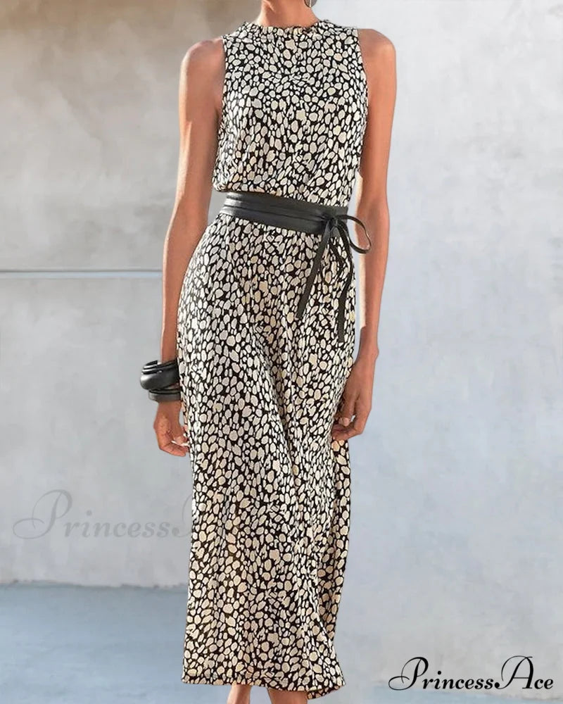 Sleeveless Dress with Belt - Fashion Print