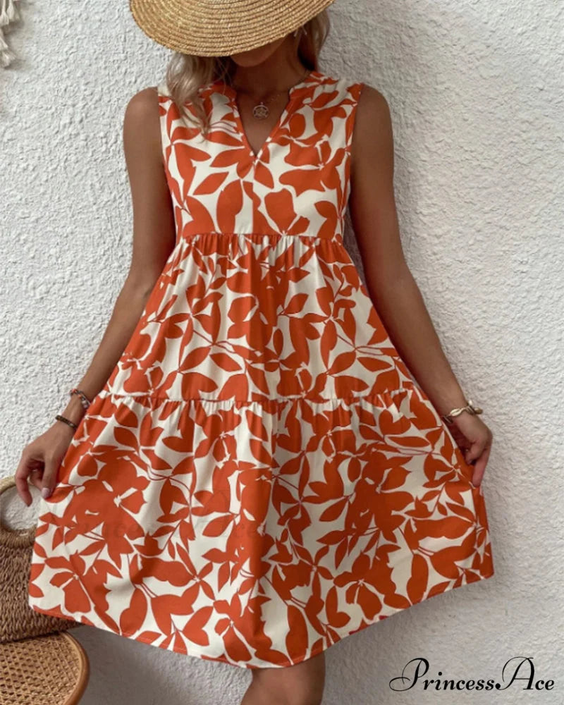 Sleeveless Dress with Leaves Print Orange / S