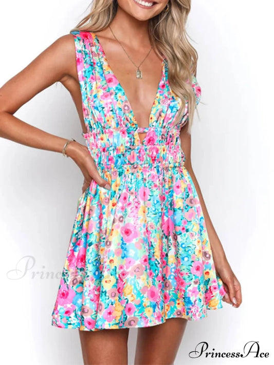 Sleeveless Floral Print Deep V Mini A-Line Flower Dress floraldress-250126