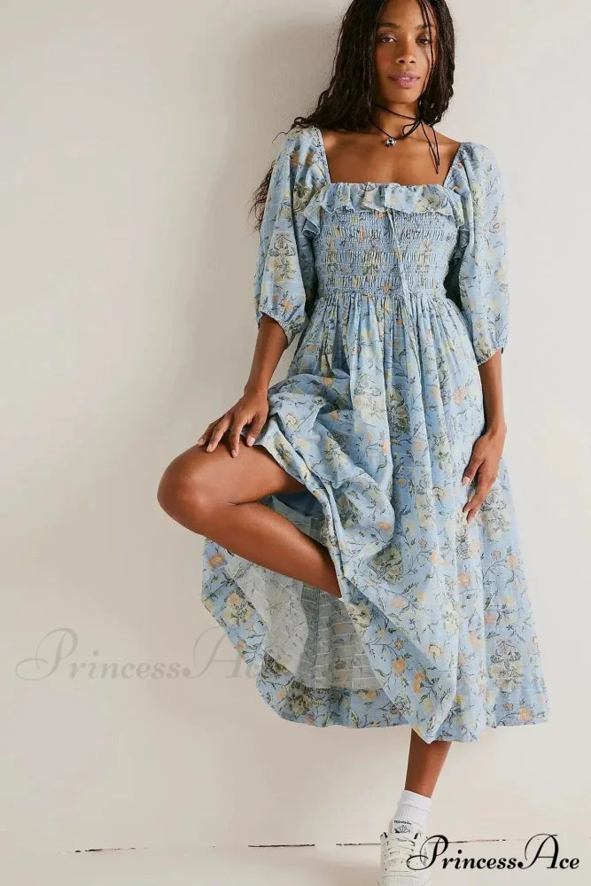 Sleeveless Flounced Hem Printed Midi Boho Dress Blue / S bohodress-250126