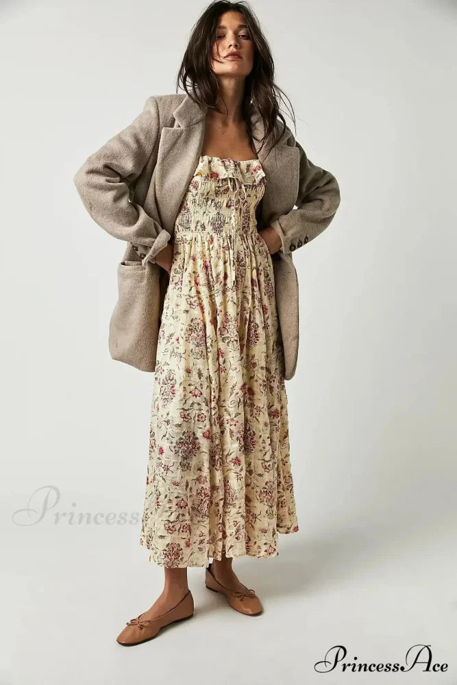 Sleeveless Flounced Hem Printed Midi Boho Dress bohodress-250126