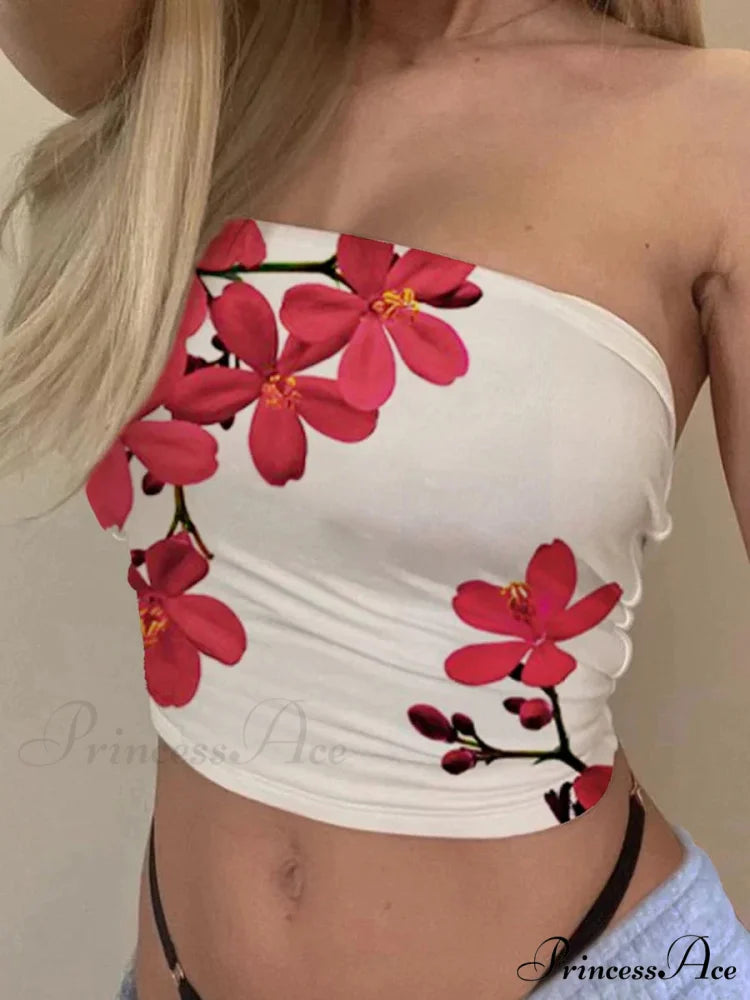 Sleeveless Flower Bandeau Tube Top Trim Fit Summer Crop Top Red / S croptop-250126