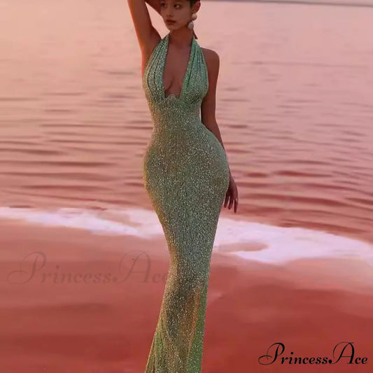 Sleeveless Halter Deep V Sparkling Prom Gown green / XS promdress-250223