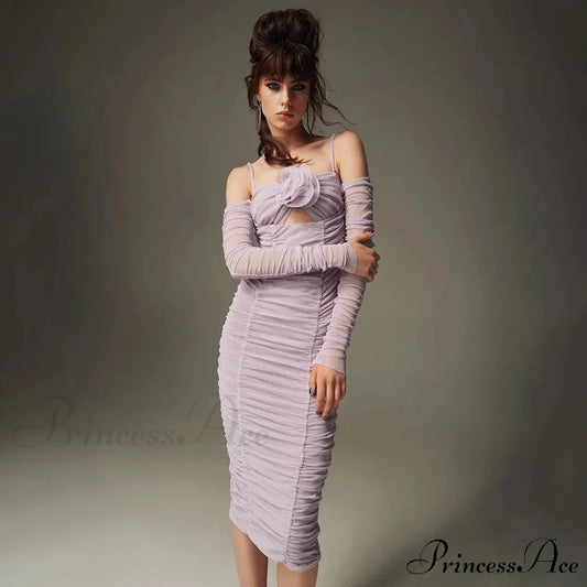 Sleeveless Halter Mesh Evening Party Dress lavender / XS
