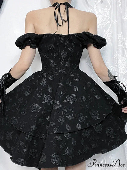 Sleeveless Halter Neck Bow Vintage Backless Cold Shoulder Print Lace Up A-Line Swing Dress