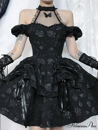 Sleeveless Halter Neck Bow Vintage Backless Cold Shoulder Print Lace Up A-Line Swing Dress
