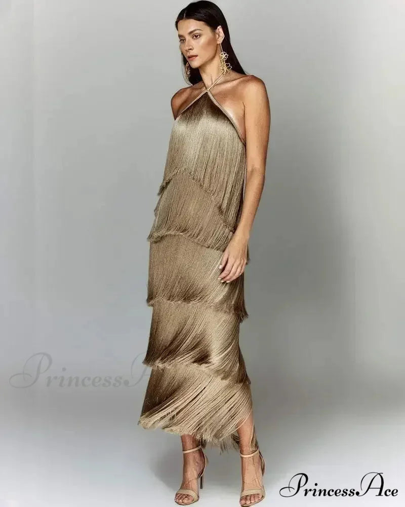 Sleeveless Halter Split Party Dress camel / S