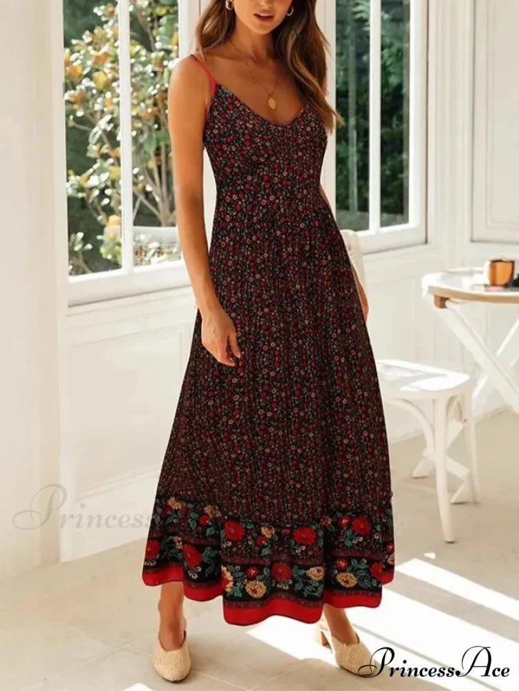 Sleeveless Holiday Summer Long Beach Boho Dress Black / S bohodress-250126