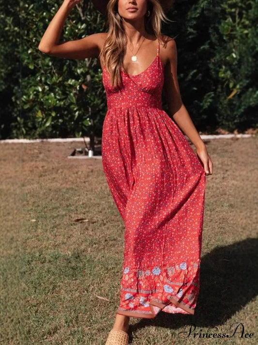 Sleeveless Holiday Summer Long Beach Boho Dress Red / S bohodress-250126