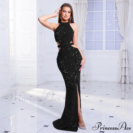 Sleeveless Hollow Out Sequined Party Dress Black / S