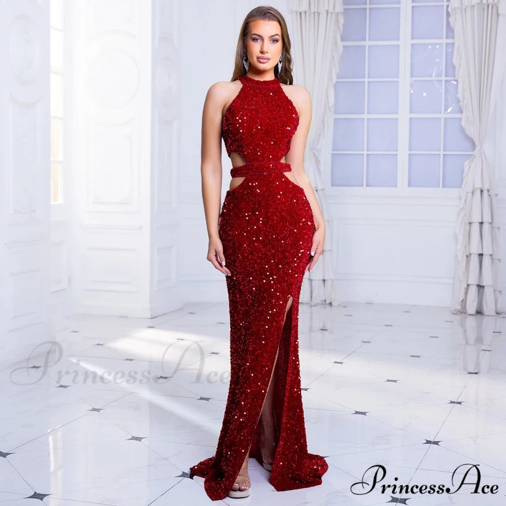 Sleeveless Hollow Out Sequined Party Dress Red / S