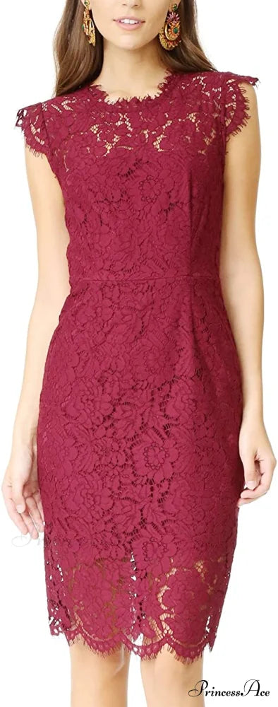 Sleeveless Lace Floral Elegant Crew Neck Knee Length Dress A-red / Small