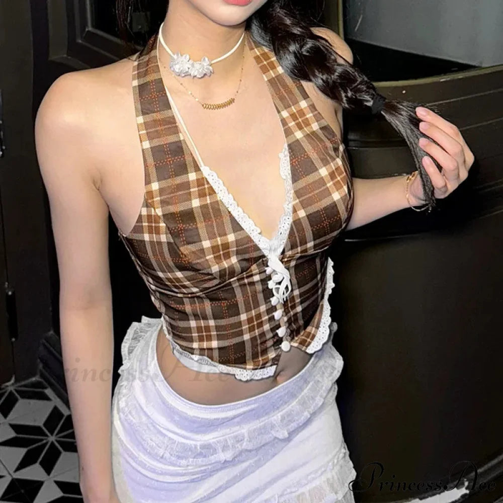 Sleeveless Lace Mesh Flirtatious Korean Aesthetic Tank Brown / S croptop-250126