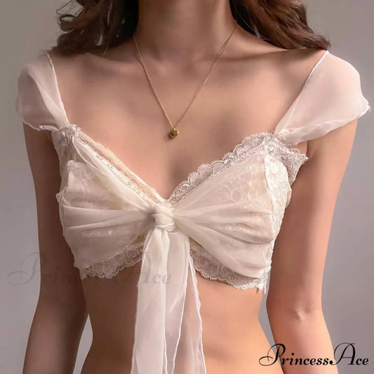 Sleeveless Lace Mesh Flirtatious Korean Aesthetic Tank White / S croptop-250126