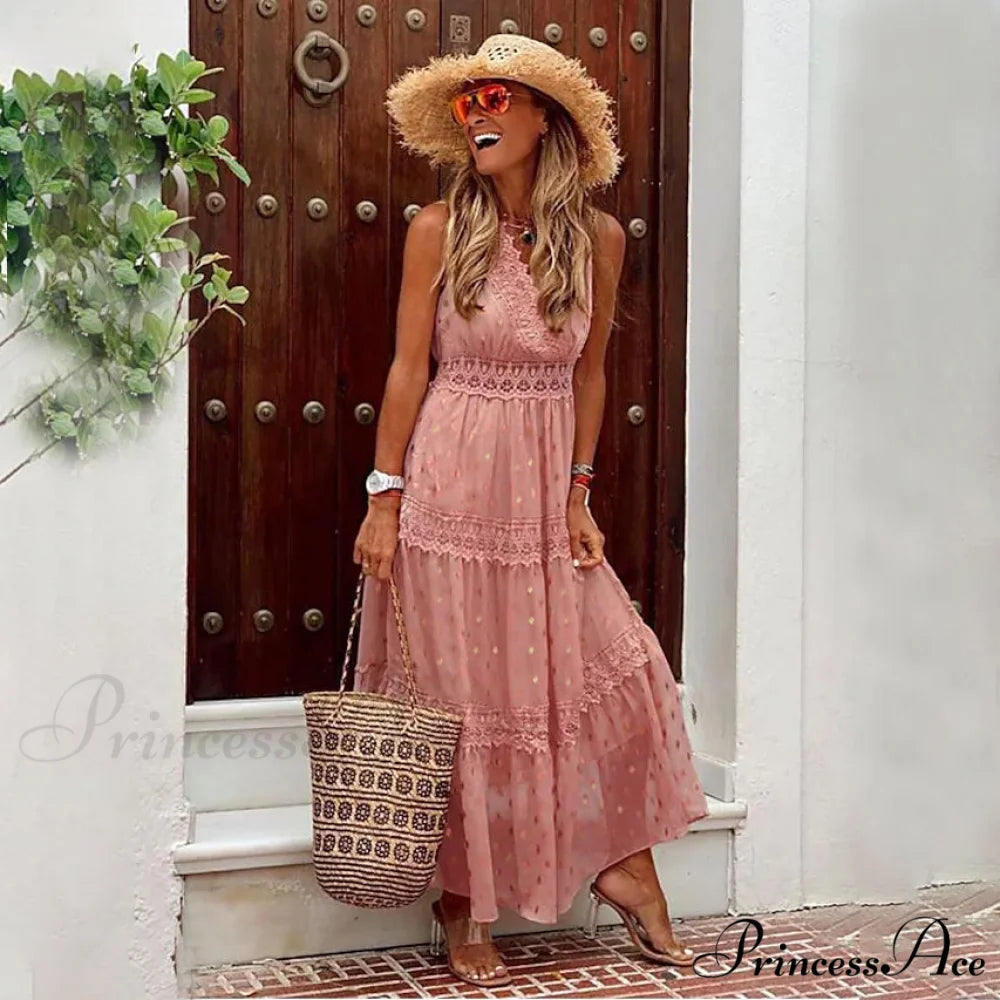 Sleeveless Lace Panel Dress for Women Pink / S