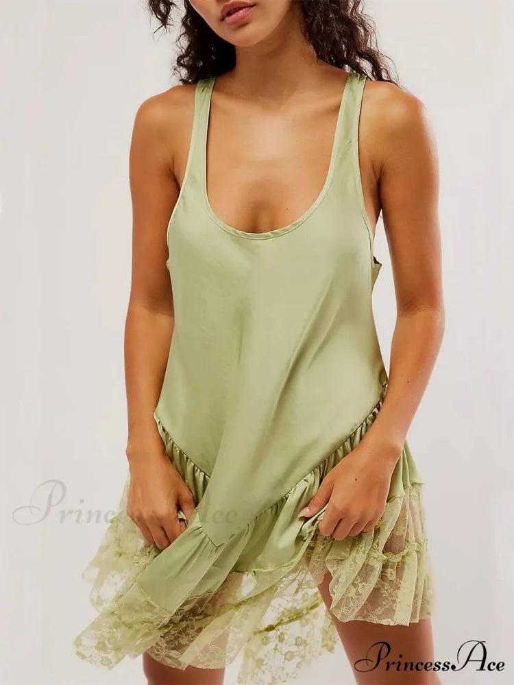 Sleeveless Lace Stylish Panel Mini Dress Green / S