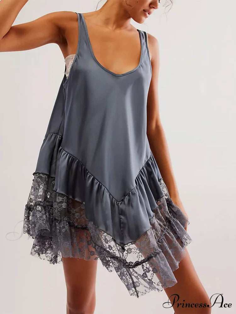 Sleeveless Lace Stylish Panel Mini Dress Grey / S