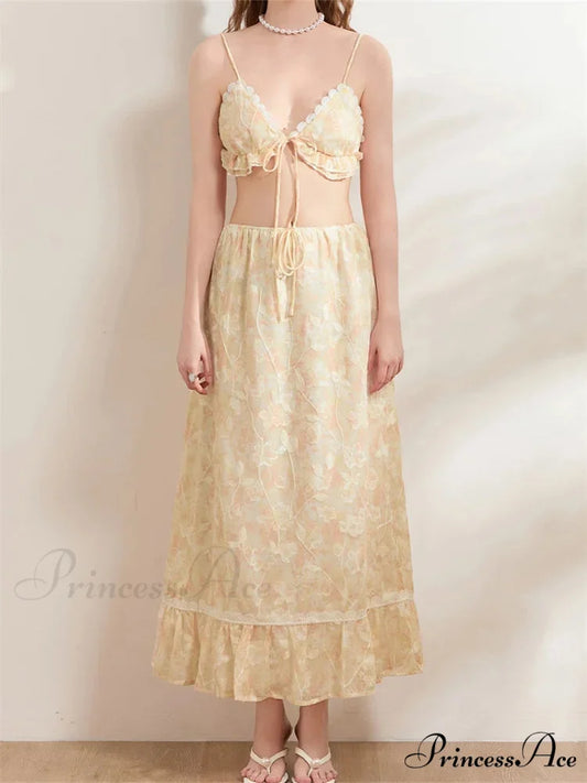 Sleeveless Lace-up Camisoles Crop Top with Maxi Skirts Set BEIGE / S skirt-250126