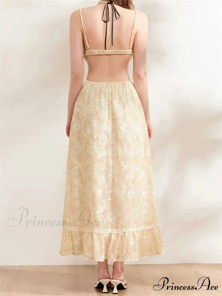Sleeveless Lace-up Camisoles Crop Top with Maxi Skirts Set skirt-250126
