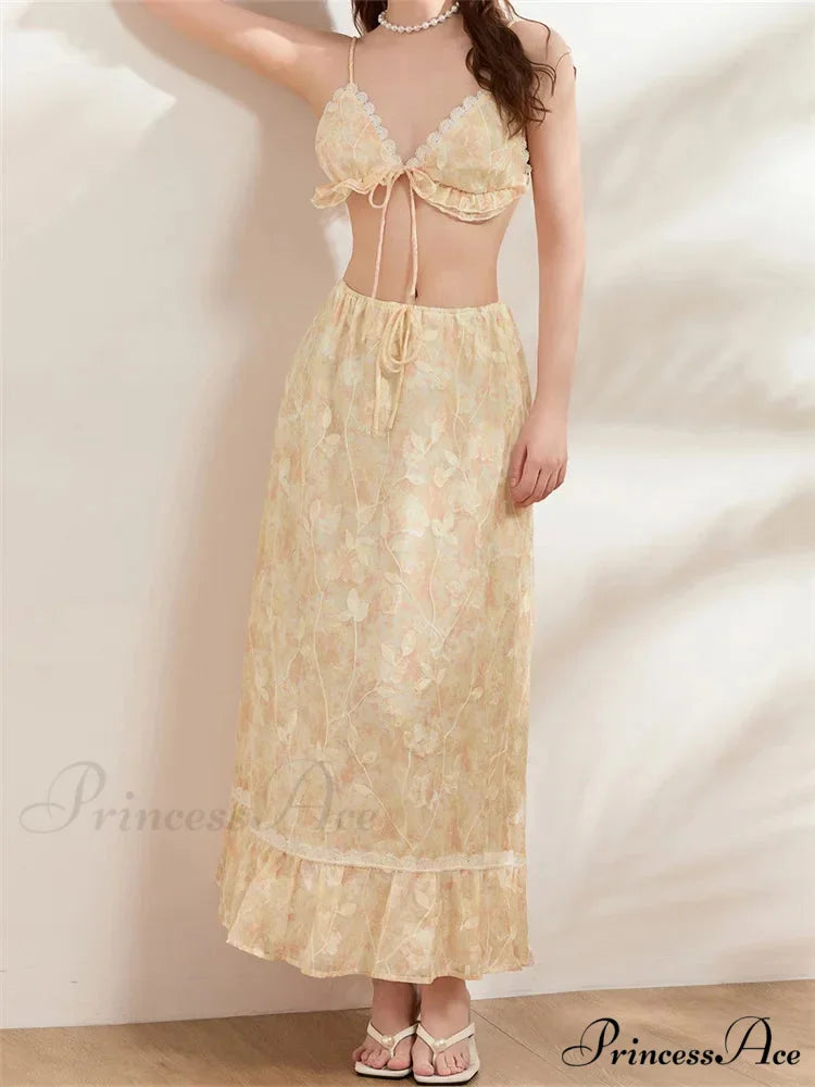 Sleeveless Lace-up Camisoles Crop Top with Maxi Skirts Set skirt-250126