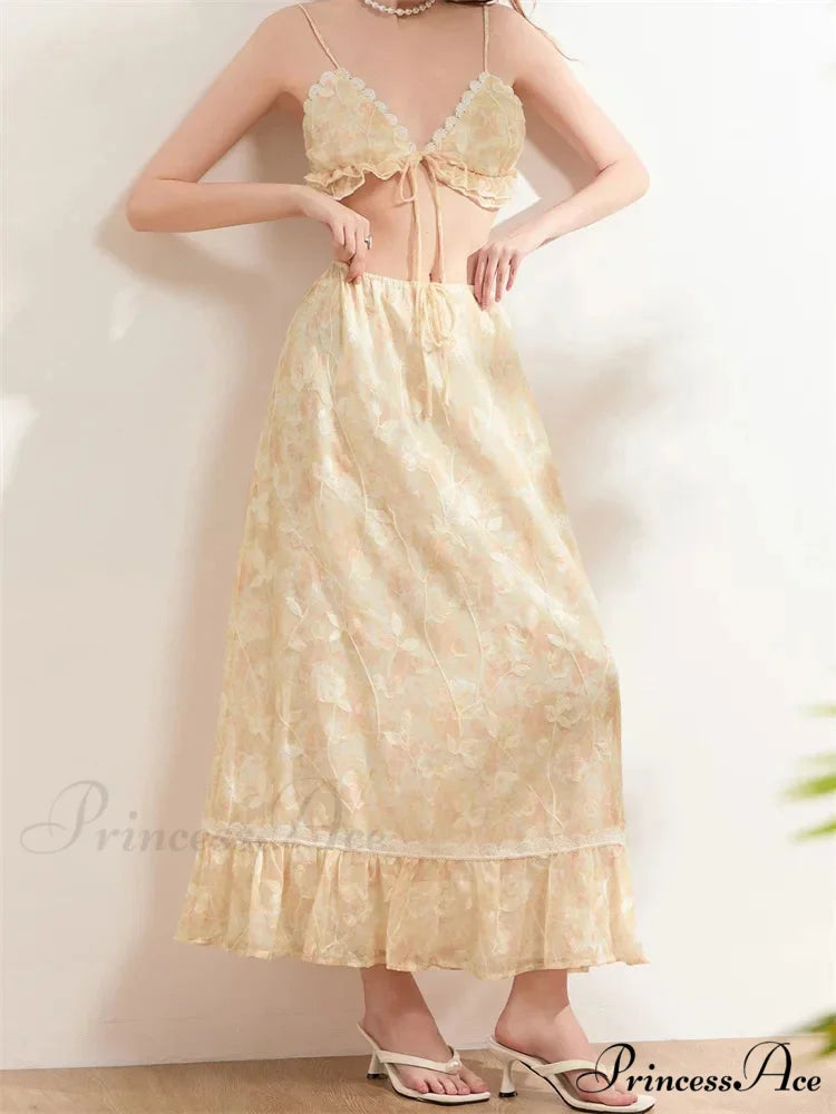 Sleeveless Lace-up Camisoles Crop Top with Maxi Skirts Set skirt-250126