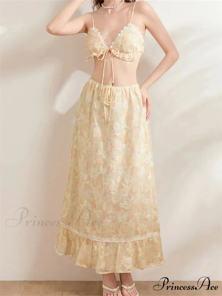 Sleeveless Lace-up Camisoles Crop Top with Maxi Skirts Set skirt-250126