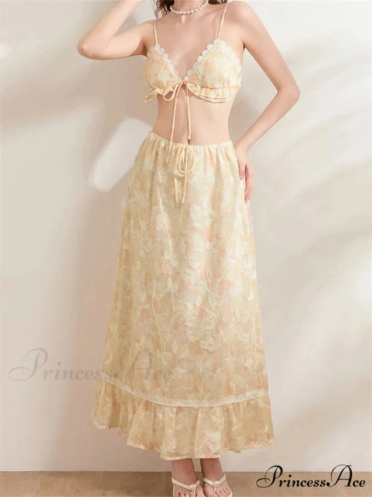 Sleeveless Lace-up Camisoles Crop Top with Maxi Skirts Set skirt-250126