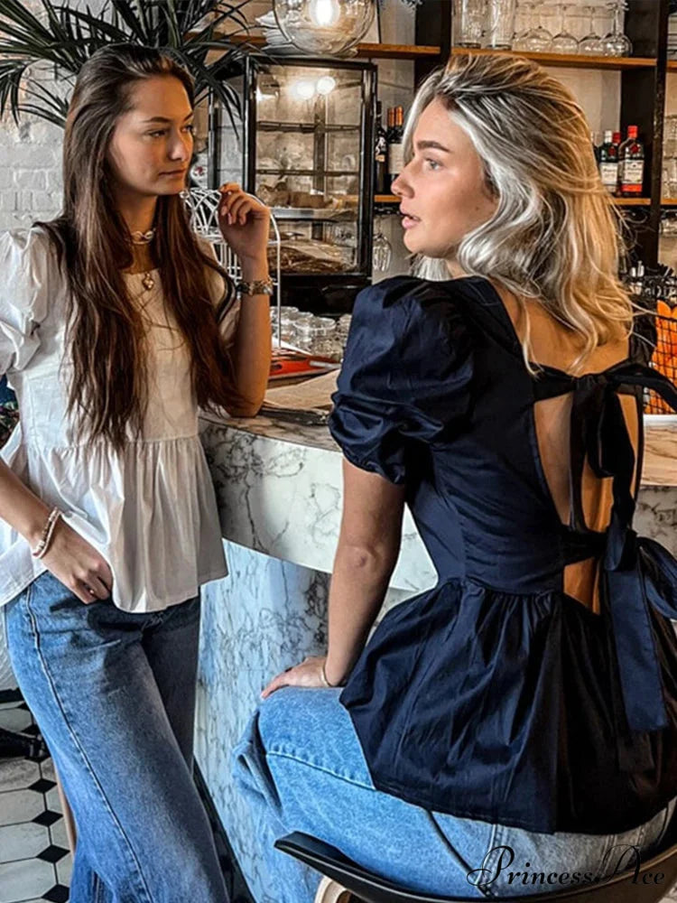 Sleeveless Lace Up Ribbon Short Sleeve Blouse blouse-250223