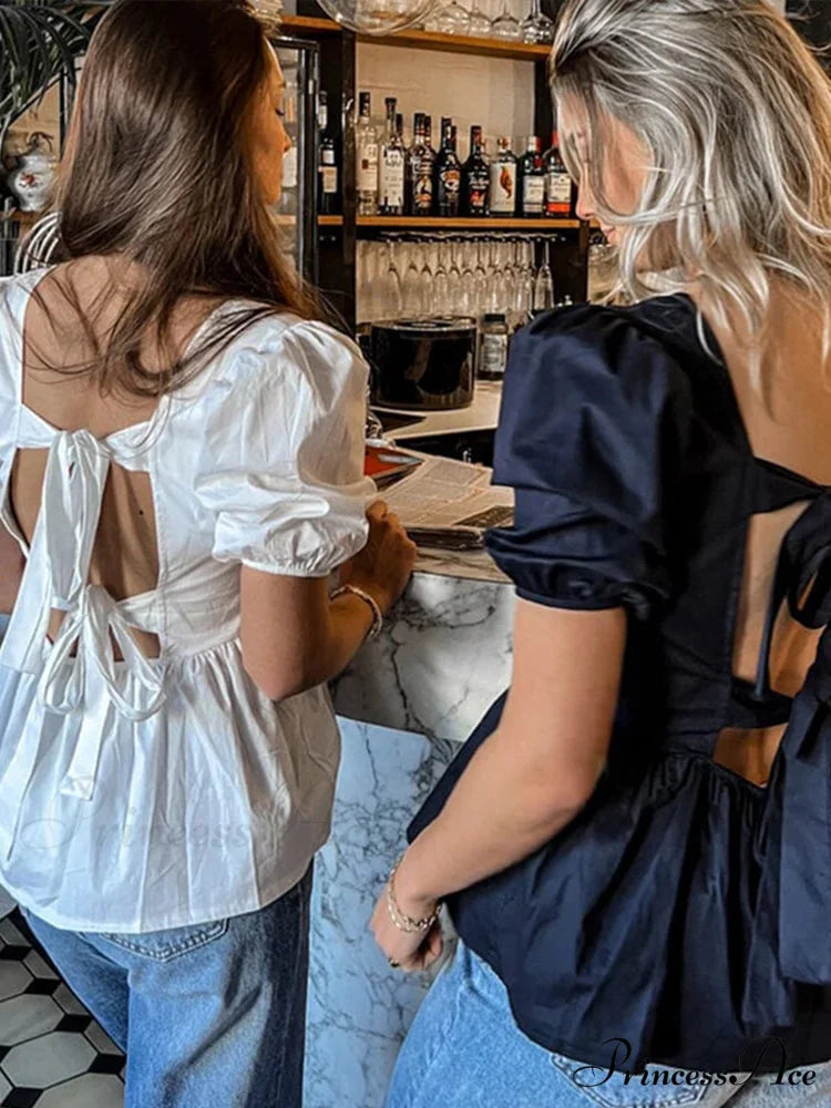 Sleeveless Lace Up Ribbon Short Sleeve Blouse blouse-250223