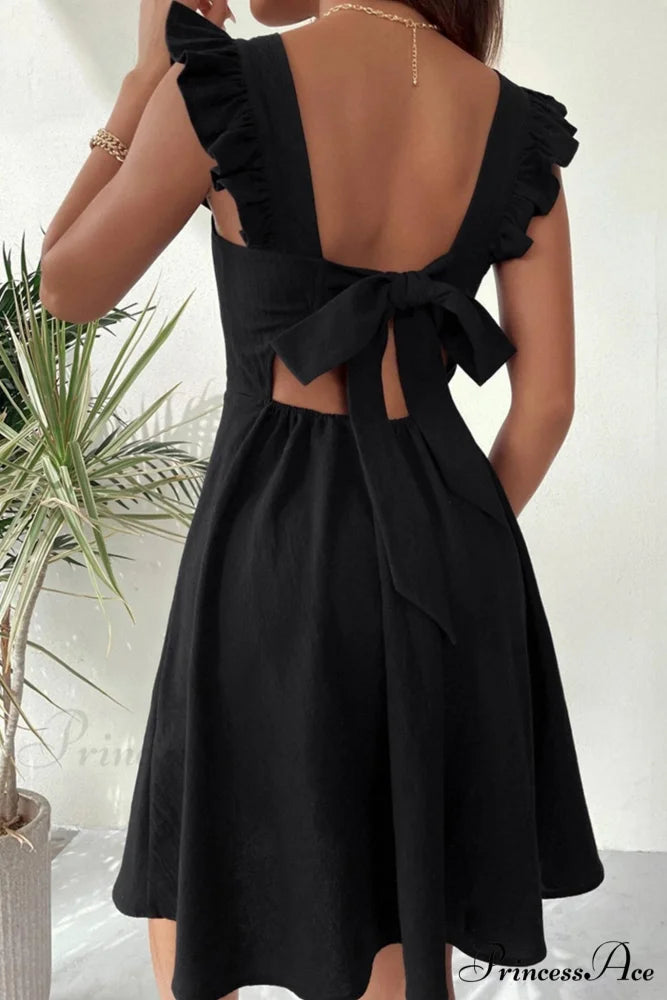 Sleeveless Mini Dress with Ruffle Detail and Tie-back Black / M