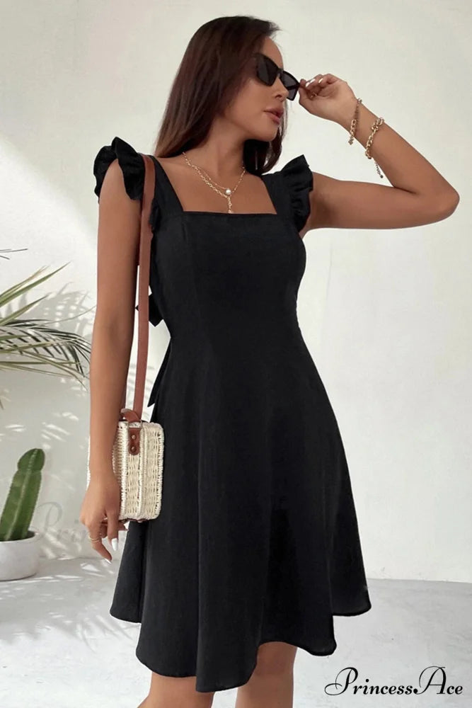 Sleeveless Mini Dress with Ruffle Detail and Tie-back Black / XS