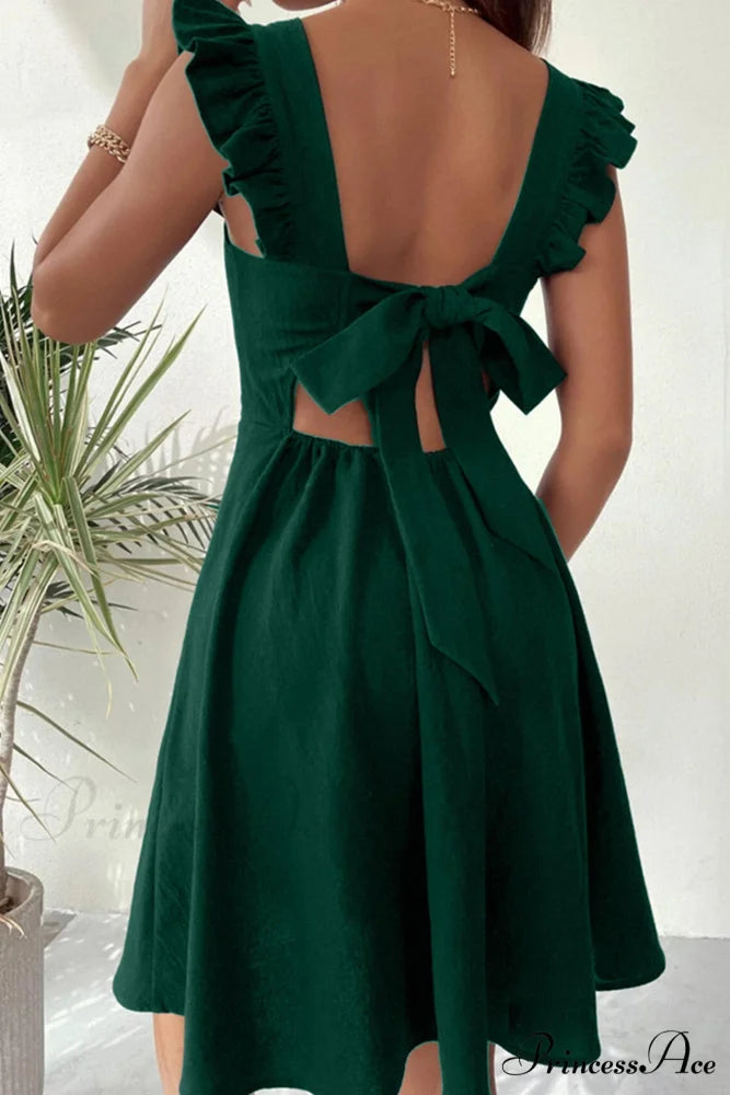 Sleeveless Mini Dress with Ruffle Detail and Tie-back Dark Green / M