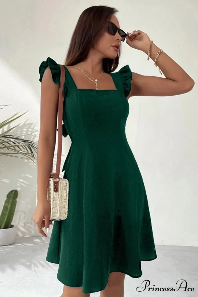 Sleeveless Mini Dress with Ruffle Detail and Tie-back Dark Green / S