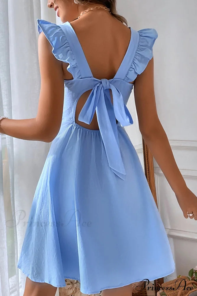 Sleeveless Mini Dress with Ruffle Detail and Tie-back Sky Blue / M