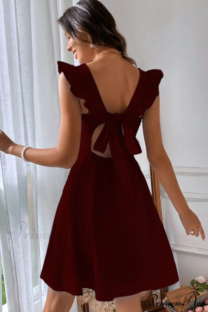 Sleeveless Mini Dress with Ruffle Detail and Tie-back Wine Red / M