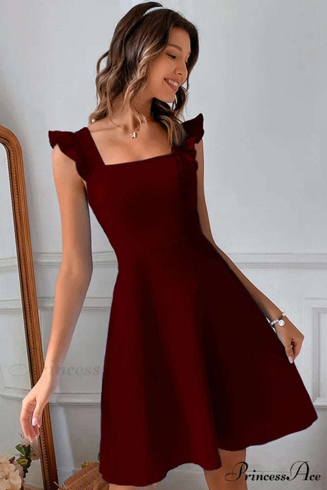 Sleeveless Mini Dress with Ruffle Detail and Tie-back Wine Red / XS