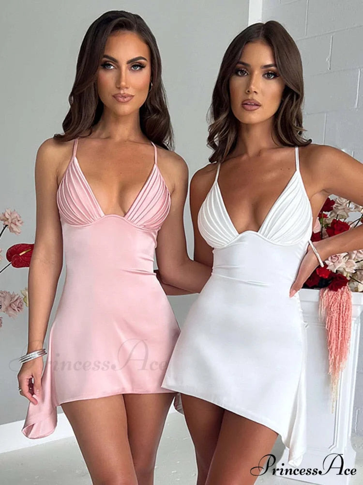 Sleeveless Mini Spaghetti Party Deep Strap V Club Warm-Season Gown Robe Backless Women Satin Neck Vestido