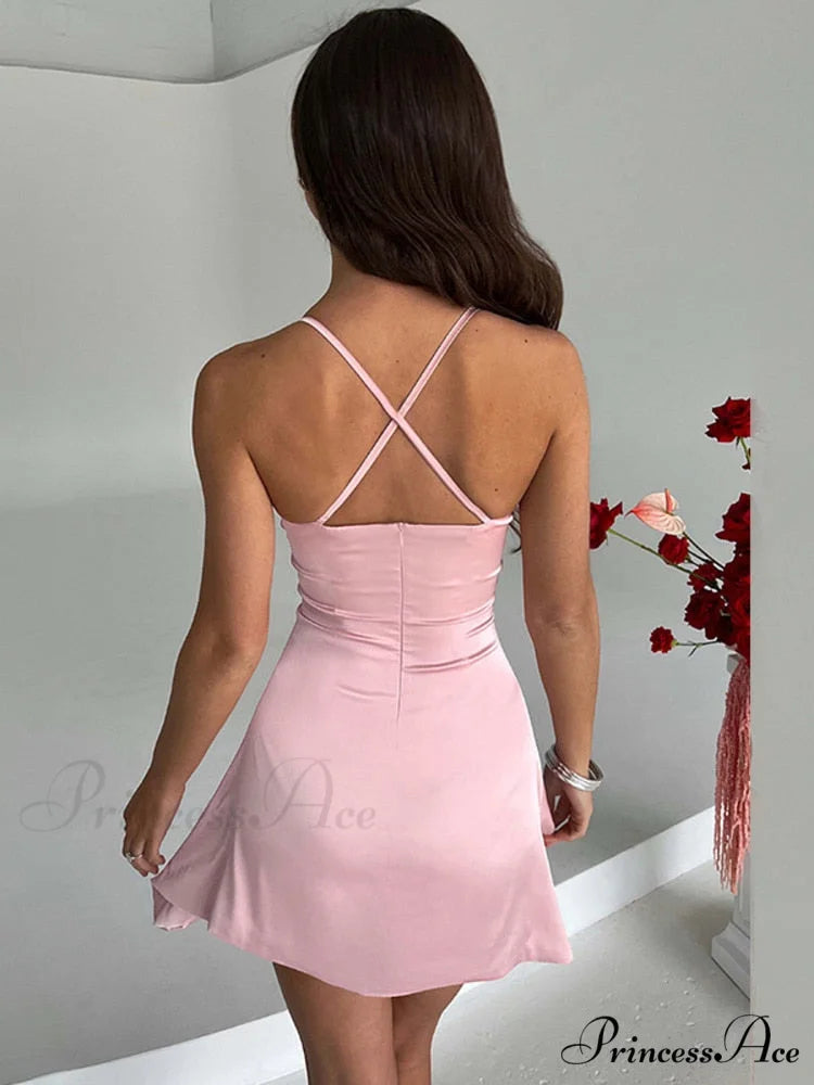 Sleeveless Mini Spaghetti Party Deep Strap V Club Warm-Season Gown Robe Backless Women Satin Neck Vestido