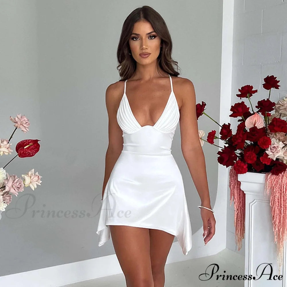 Sleeveless Mini Spaghetti Party Deep Strap V Club Warm-Season Gown Robe Backless Women Satin Neck Vestido