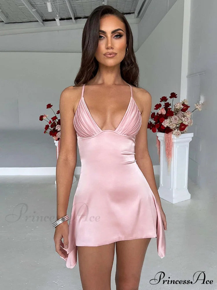Sleeveless Mini Spaghetti Party Deep Strap V Club Warm-Season Gown Robe Backless Women Satin Neck Vestido Pink / S
