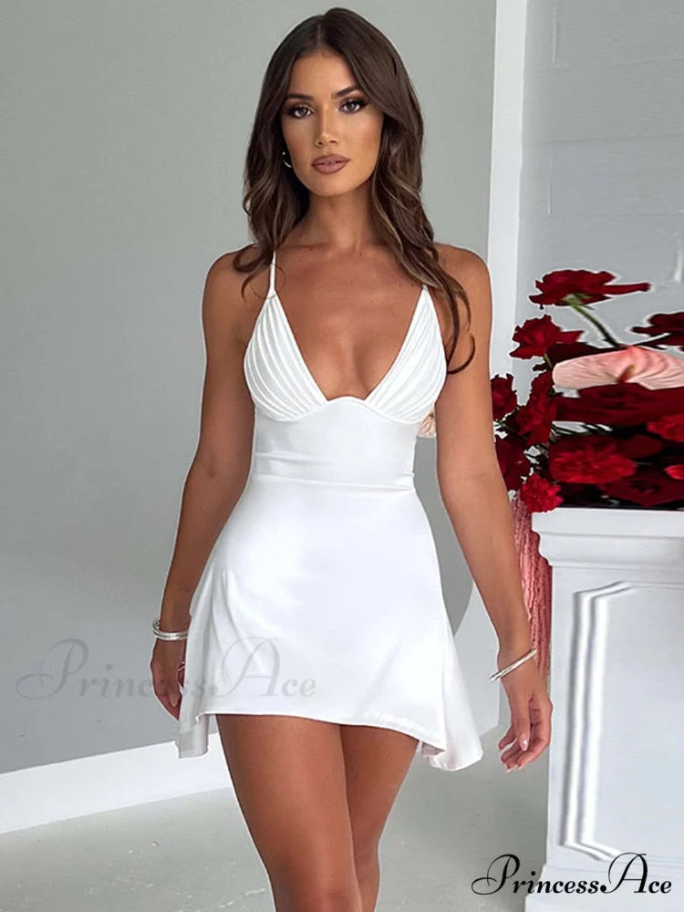 Sleeveless Mini Spaghetti Party Deep Strap V Club Warm-Season Gown Robe Backless Women Satin Neck Vestido White / S