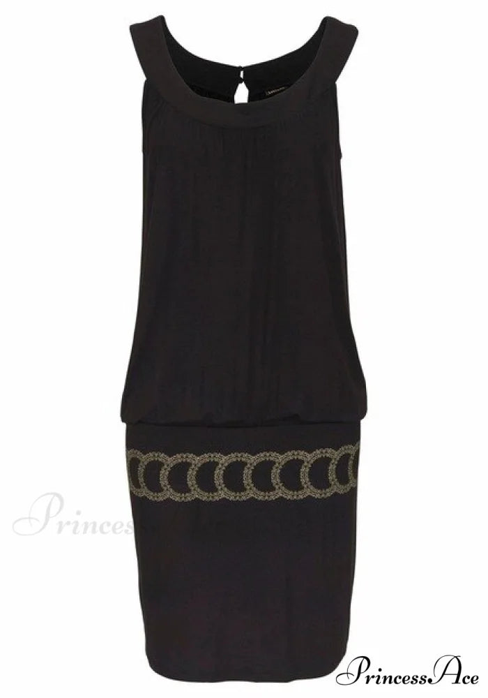 Sleeveless O-Neck Solid Off Shoulder Dress 2-1878-Black / S