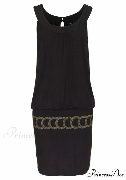 Sleeveless O-Neck Solid Off Shoulder Dress 2-1878-Black / S