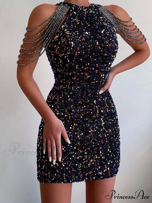 Sleeveless Off Shoulder Skinny High Waist Halter Chain Sequin Dress 01 Black / XS