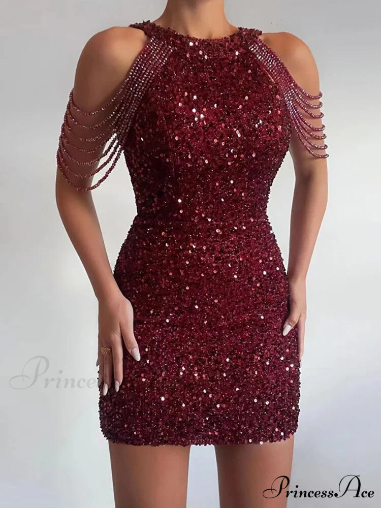 Sleeveless Off Shoulder Skinny High Waist Halter Chain Sequin Dress 03 Wine Red / XS