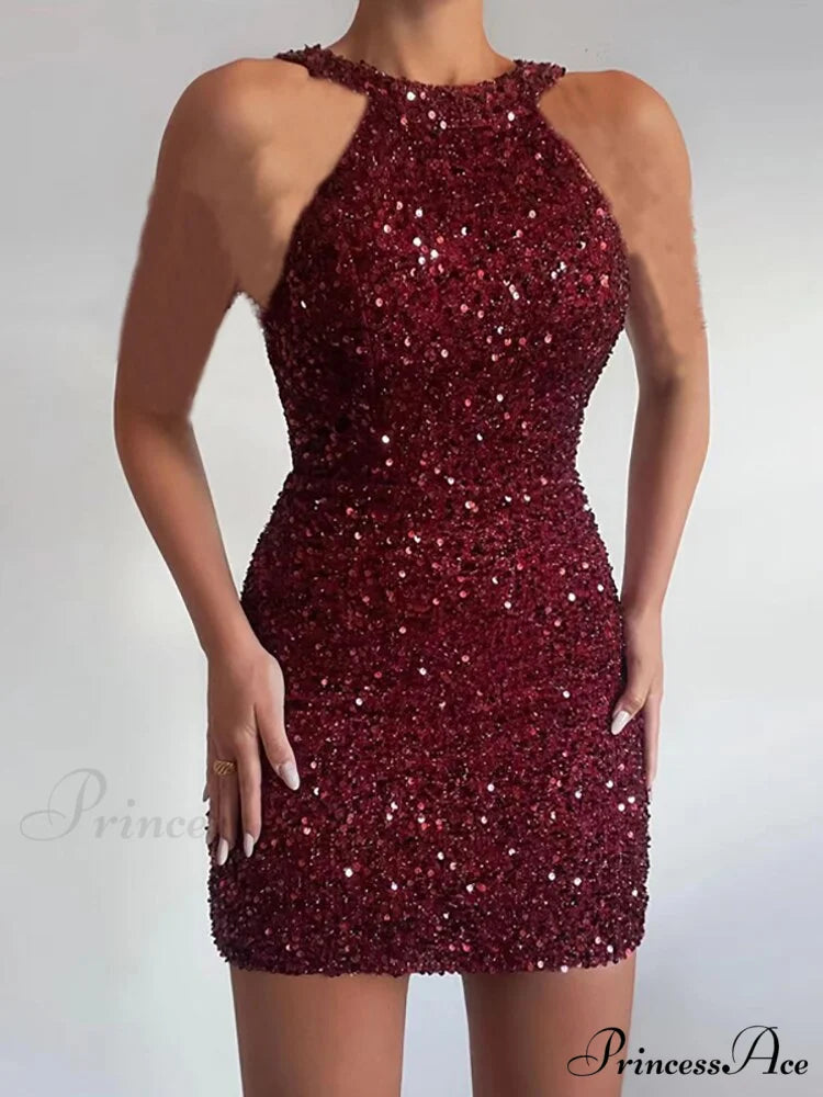 Sleeveless Off Shoulder Skinny High Waist Halter Chain Sequin Dress 08 Wine Red / XS
